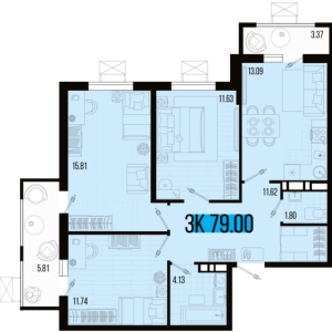 3-комнатная квартира 79 м²