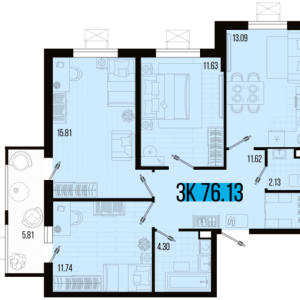 3-комнатная квартира 76,13 м²