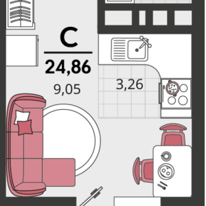1-комнатная квартира 24,86 м²